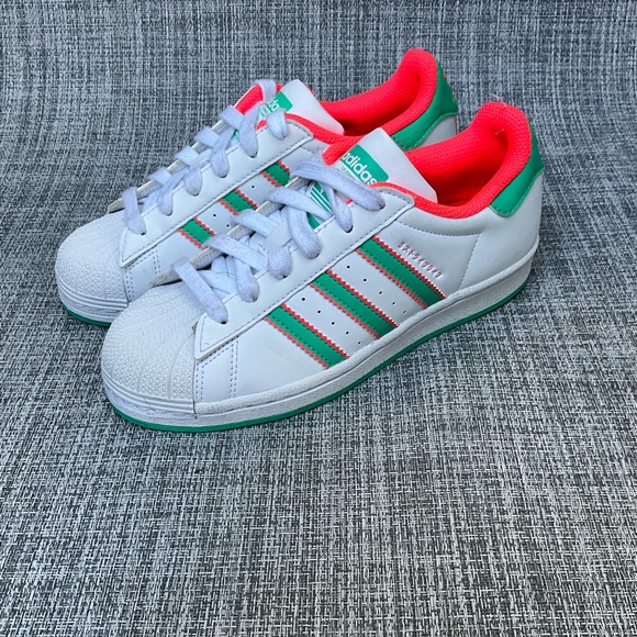 Adidas Superstars Kids White With Green and Orange Accent Sneakers - Picture 1 of 16